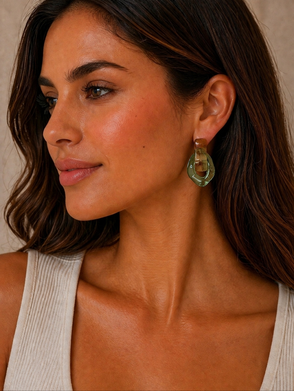 Plunder Design Trendy Green Tan Acrylic Drop Dangle Earrings - NIP